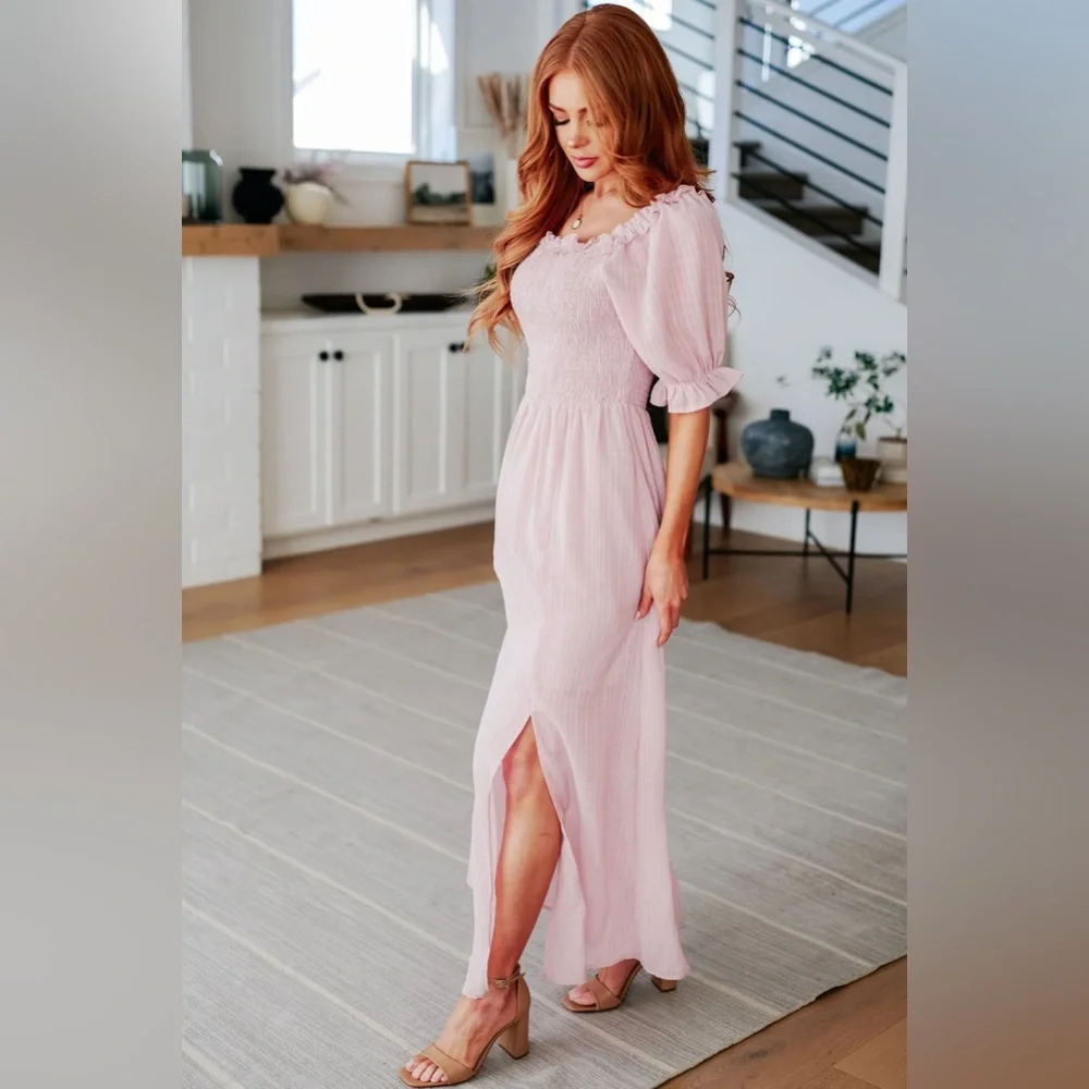 Blush Pink Smocked Maxi Dress Slit Sleeve | Cottagecore Spring Size M - Picture 3 of 7